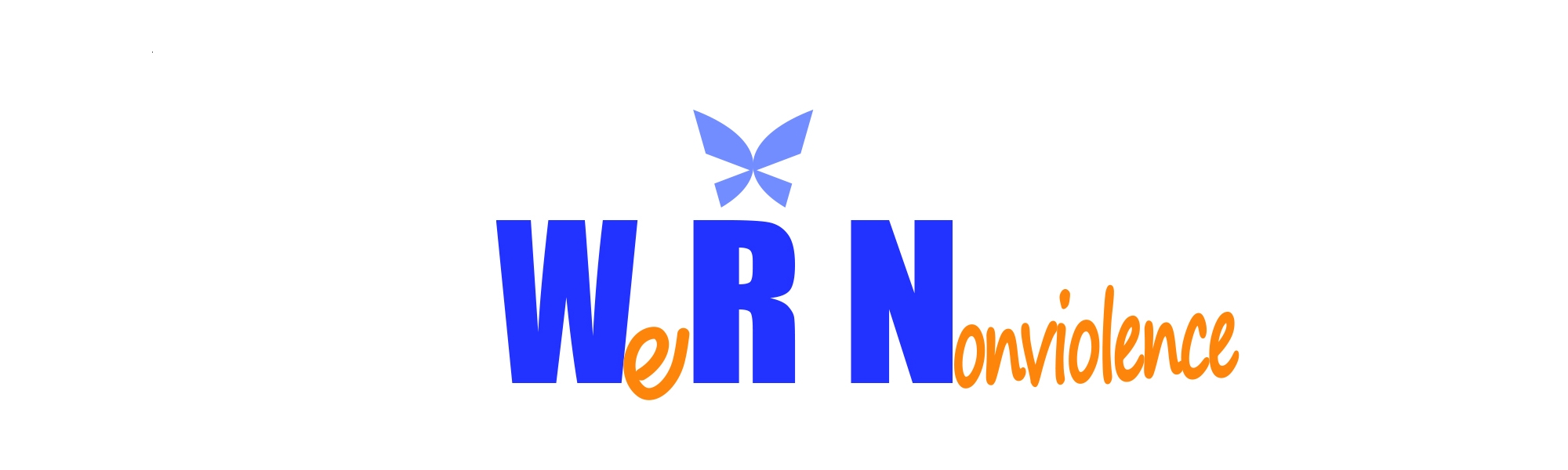 We R Nonviolence (initial letters are large blue block, other letters are small orange cursive, so it looks like WRN. There is a small butterly above the R)