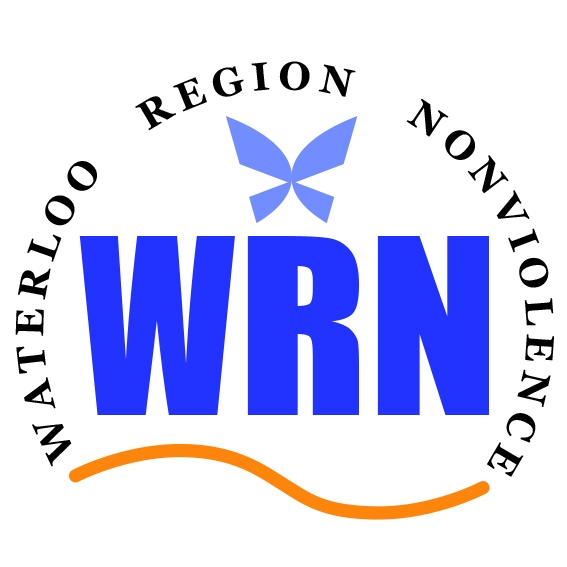 Waterloo Region Nonviolence | WRN (words in small black letters are a 3/4 circle around WRN in large blue block letters; there is a small butterly over the R and an orange squiggly line under WRN)